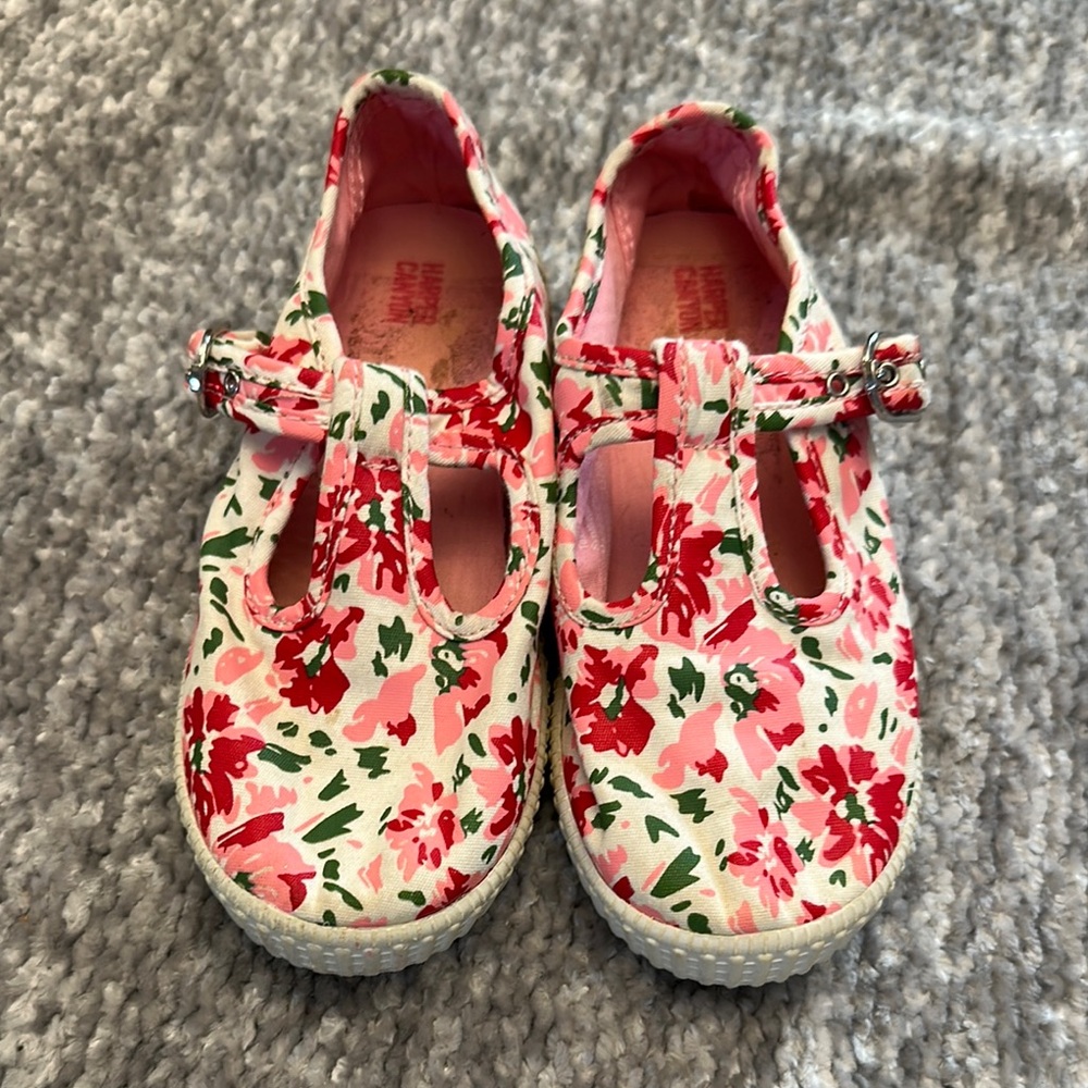 Pink and green floral canvas t-strap Mary Jane size 10